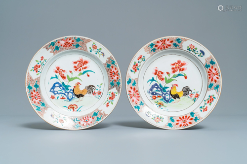 A pair of Chinese famille rose 'rooster' plates,