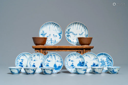 Eight Chinese blue and white cups and sauc…