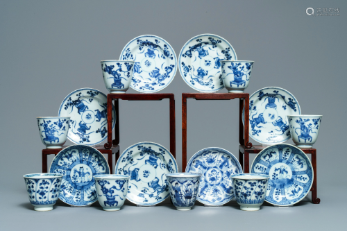 Eight Chinese blue and white cups and sauc…