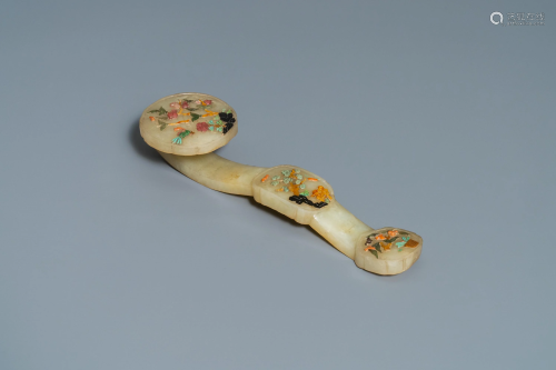 A Chinese inlaid hardstone ruyi sceptre, 1…