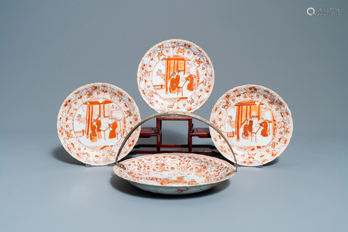 Three Chinese iron-red and gilt plates and a