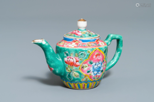 A Chinese turquoise-ground famille rose ewer …