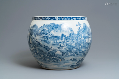 A large Chinese blue and white 'landscape' fis…