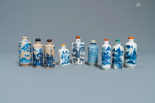 Nine Chinese blue and white snuff bottles, 1…