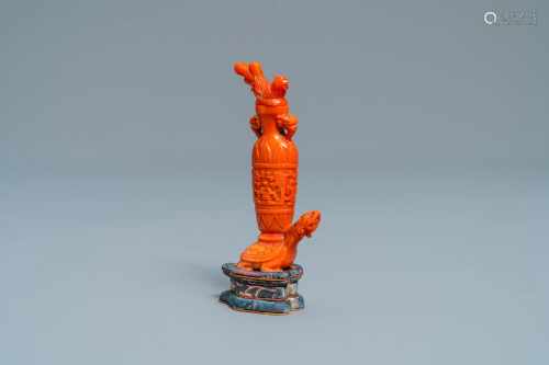 A Chinese carved red coral snuff bottle wit…