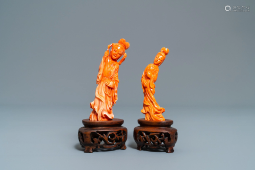 Two Chinese carved coral figures of ladies, 1…