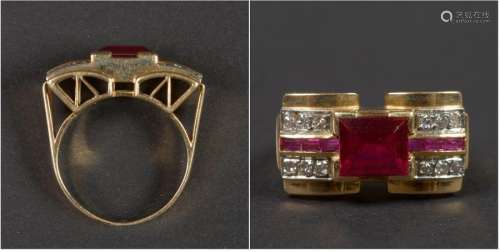 18K yellow gold ring set with old cut diamonds, ru…