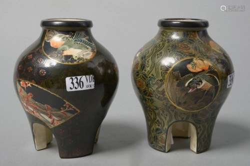 Fake pair of small Satsuma earthenware tripod vase…