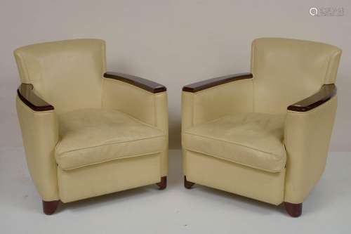 Pair of Art Deco style armchairs in beige leather …