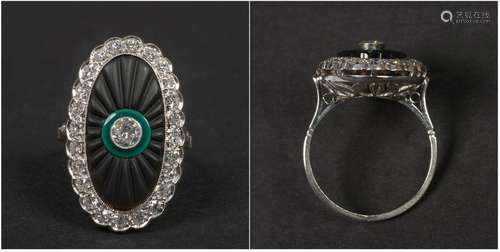 Platinum ring set with green enamel, onyx and 8/8 …