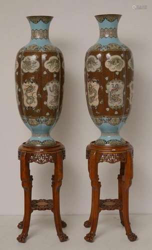 Two large copper vases with cloisonné enamels deco…