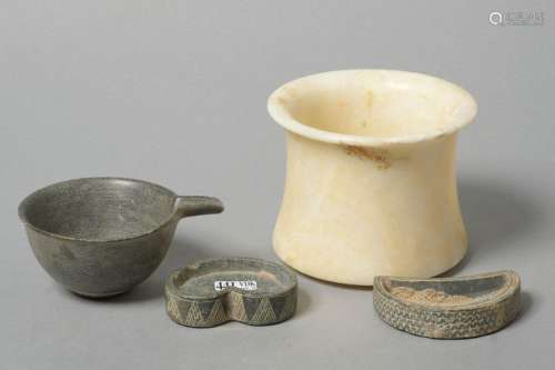 Set of four objects comprising: a carved alabaster…