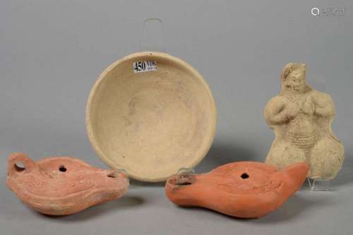 Set of four terracotta objects including: two oil …