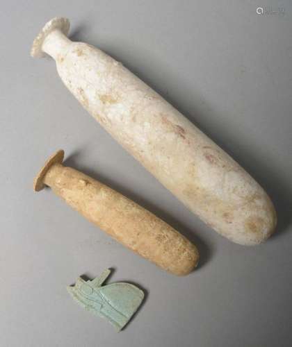 Lot of three Egyptian objects including: Two carve…