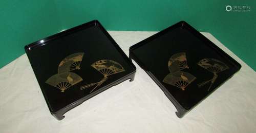 Pair Antique Japanese Meiji Period  Lacquer Trays with Gold Fan Decoration