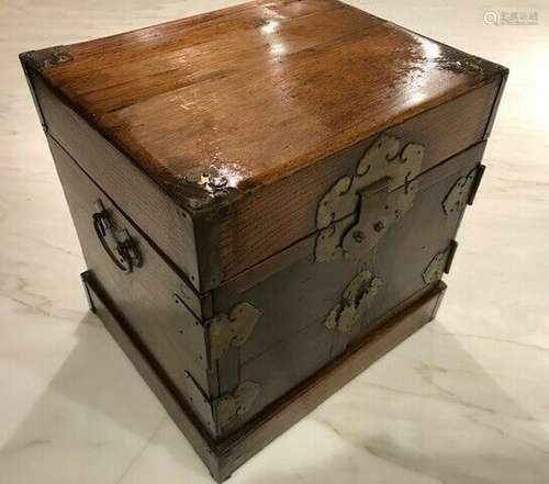 Antique Japanese wood box with brass fittings