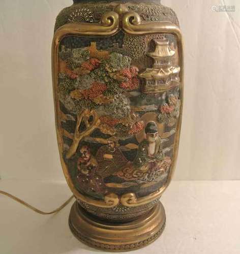 ANTIQUE Japanese MORIAGE SATSUMA Vase Table LAMP Gold Gilt Raised HIGH RELIEF