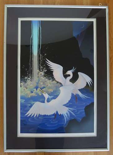 Reiko Cranes in blue pool  JAPANESE  SIGNED & NUMBERED YURIKO MORITA