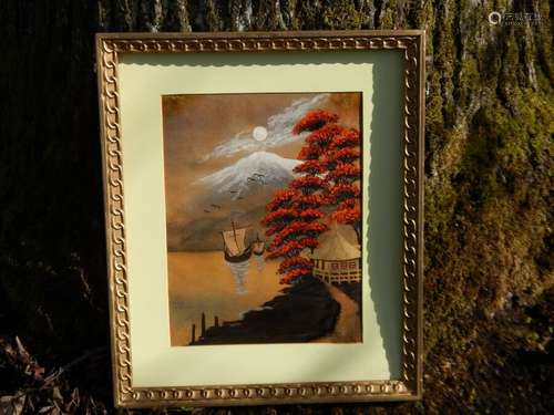 Japanese Painting with Full Moon Rising over Mt. Fuji. Original Nightscape Oil.