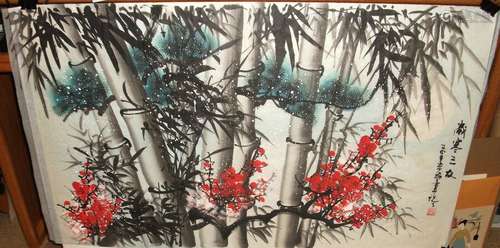 JAPANESE BAMBOO CHERRY BLOSSOMS HUGE ORIGINAL WATERCOLOR ON PAPER PAINTING