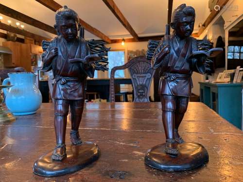 Beautiful Pair of Japanese Signed Bronze Statues of Ninomiya Figure