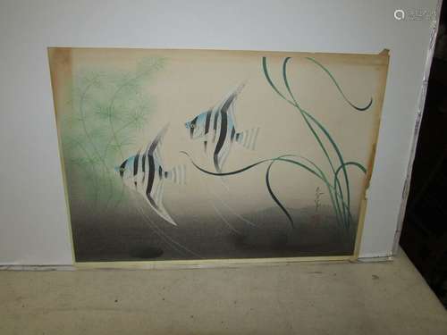 Old or Antique Japanese Woodblock Print with Tropical Fish