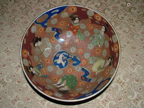 Large antique Japanese Hand Painted Moriage Satsuma Style  BOWL SIGNED BOTTOM