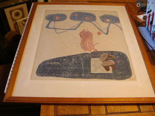 large Framed Original Asian rice paper block print SIGNED