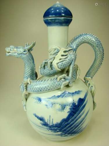 MEIJI HIRADO PORCELAIN JAPANESE BLUE & WHITE POT WITH LANDSCAPE & RAISED DRAGON