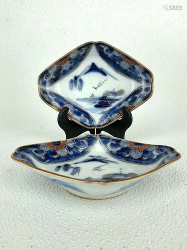 Antique Japanese Pair Imari Lozenge Shape Dishes Meiji Era by Aoki Bros.