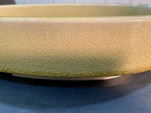 Stunning Antique Crackle Signed Japanese Yellow Glaze Bowl Marked 12x6.5”