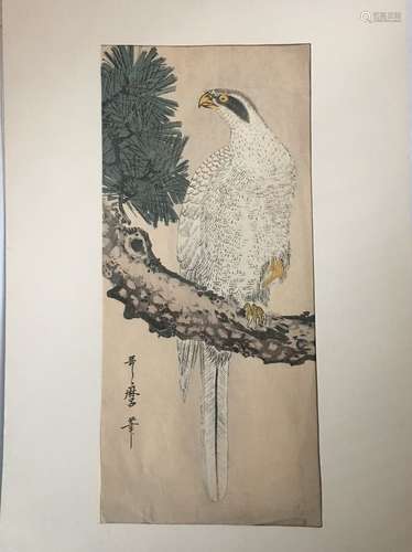 Antique Japanese Woodblock Print Signed Utamaro of Falcon on Branch