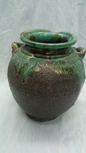 Fine vintage Japanese art pottery green brown glaze  vase signed