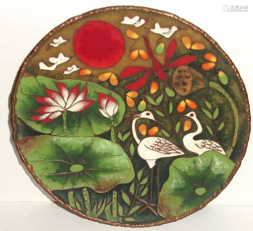 RARE JAPANESE CLOISONNE ENAMEL COPPER DRAGONFLY FLORAL AND BIRDS PLATE SIGNED