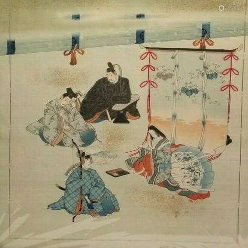 19th century Fukusa Embroidered & Painted with Two Lords with Lady & Samurai