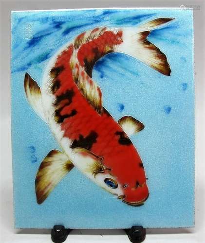 Rare Signed JAPANESE SHOWA-ERA Cloisonne Plaque on Copper w/ Koi