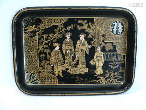 19th C. JAPANESE CHINOISIERE BLACK LACQUER PAPIER MACHE SMALL RECTANGULAR TRAY