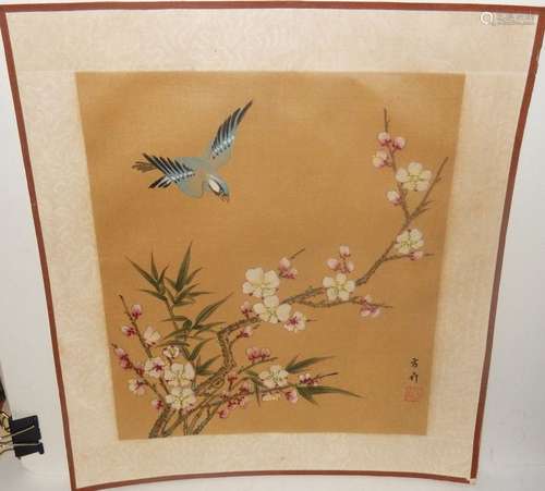 JAPANESE BLUE BIRD PINK BLOSSOM WATERCOLOR ON SILK PAINTING SIGNED