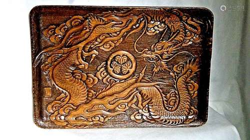 ANTIQUE MEIJI JAPANESE WOOD RELIEF CARVED FIERCE DRAGON W/CENTRAL TOKUGAWA MON