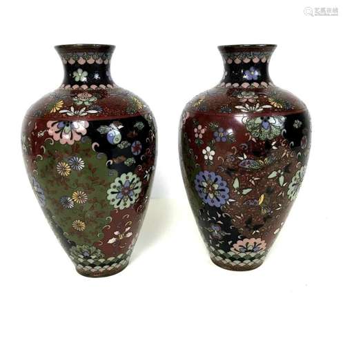 Fine Pair of Antique Japanese Meiji Period Cloisonne Vases 7.25