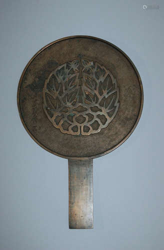 Bronze hand mirror with handle, ginger crest, Japan 19th century