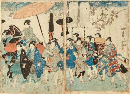 Tokoyuni Procession of Nobleman and Samurai Japanese Color Woodblock Diptych