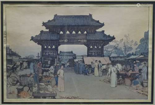 FRAMED YOSHIDA HIROSHI w/ JIZURI JAPANESE WOODBLOCK PRINT - MARKET IN MUKDEN