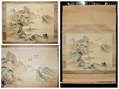 Showa Japanese Ukiyo-E Landscape Hand Painted Kakejiku Scroll Signed Seal 46.5