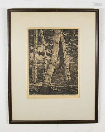 Luigi Lucioni (American,1900 - 1988) Original Etching Print Birches Pine