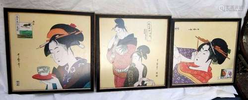 3 ANTIQUE/VINTAGE JAPANESE WOODBLOCK GEISHA PRINTS ON SILK. SIGNED.