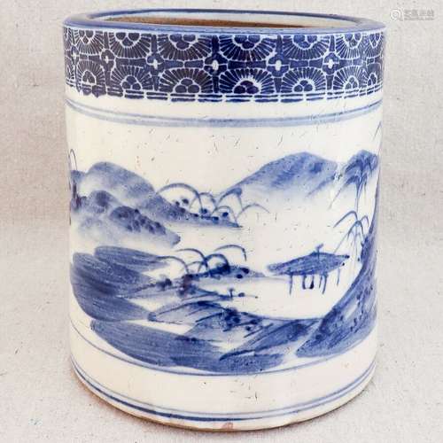 Antique Japanese Blue White Rural Seaside Pottery Hibachi Pot Vase Planter 7¼”