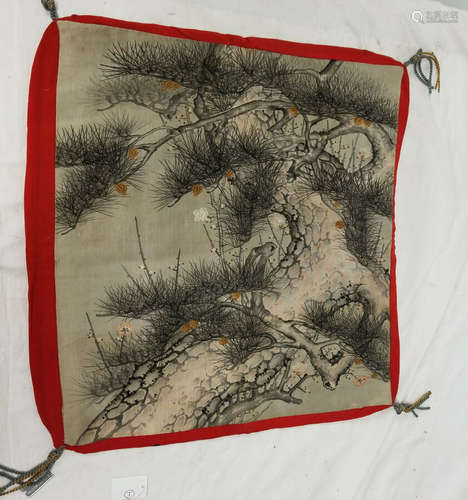 Antique Japanese Chinese Painting Embroidery Fukusa Gift Cover Pine Prunus