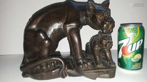 Huge Japanese Antique Carved Wood  Panther Okimono Sculpture Netsuke Sculpture