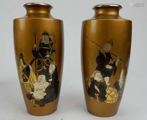 Pair of Antique Gilt Bronze Japanese Vases with immortal figures signed 8.5